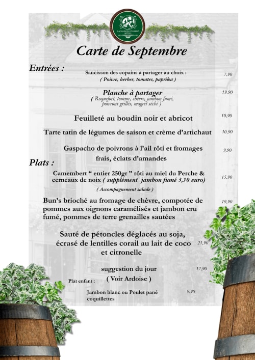 September menu at La Maison d'Horbé featuring French cuisine entries, main courses, and children's dishes in