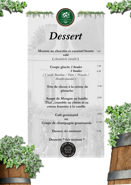 Dessert menu from La Maison d'Horbé Hotel in Belforêt-en-perche featuring chocolate mousse, ice cream, mango soup and café