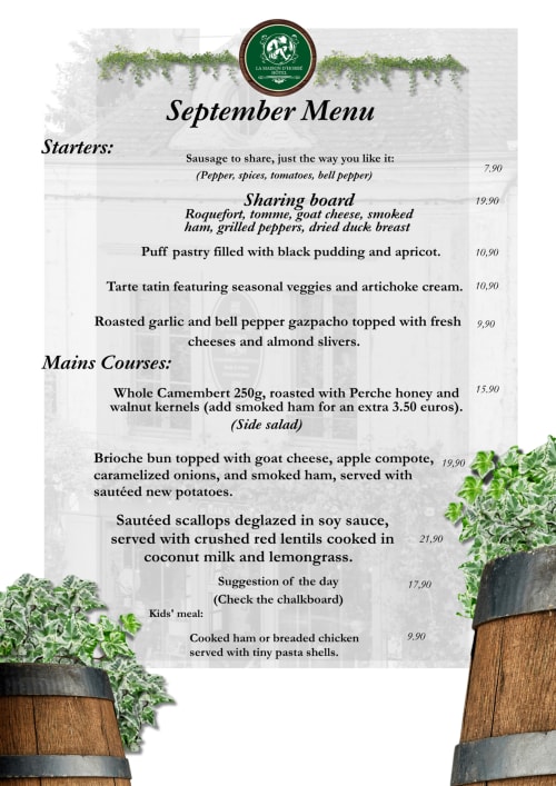 La Maison d'Horbé September menu featuring starters, mains, and kids meals in Belforêt-en-perche