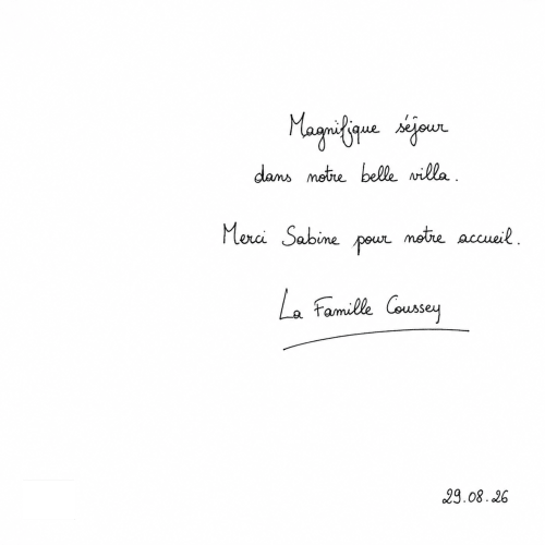 Lettre de remerciement manuscrite de la famille Coussey à l'hôtel Bleu Mer Riviera aux Issambres, datée du 29.08.26