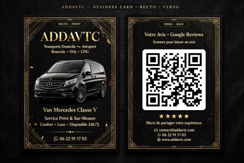 Carte de visite ADDAVTC service voitures de luxe avec Mercedes Van, code QR et coordonnées pour transferts aéroport
