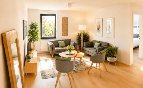 Modern living room at Mattbnb apartment in Luxembourg with gray sofas, wooden furniture, green plants, and city views through