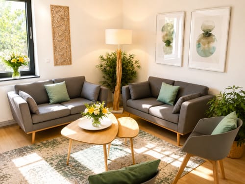 Élégant séjour moderne à Mattbnb Luxembourg avec canapés gris, table basse en bois et vue sur la ville