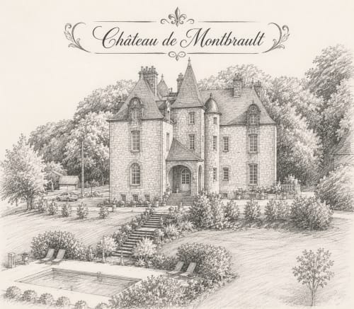 Château de Montbrault à Fleurigné, France, avec tours en pierre, parc aménagé et piscine