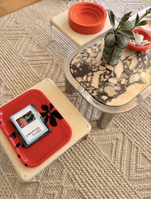 Décor élégant de villa à la Maison Jalon Aix-en-Provence avec plateaux rouges, plantes grasses en pot et table en marbre sur tapis neutre