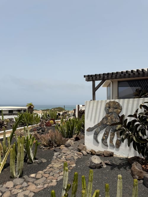 Bungalow Sonnenschein en Lanzarote con vistas al mar, jardín desértico, cactus y mural de pulpo frente al océano e isla de Graciosa