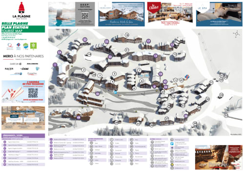 Plan de la station de ski Belle Plagne avec localisation du Chalet des Cimes et bâtiments d'hébergement numérotés