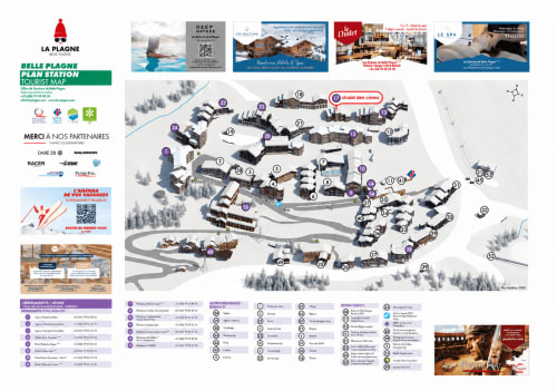 Carte de la station de ski Belle Plagne indiquant l'emplacement du Chalet des Cimes avec marqueurs numérotés pour les hébergements et équipements