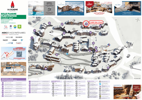 Carte touristique de la station de ski Belle Plagne montrant la localisation du Chalet des Cimes et les hébergements numérotés