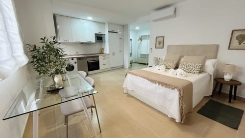 Bright studio apartment in Baeza with modern kitchen, dining area, bed, and city street views