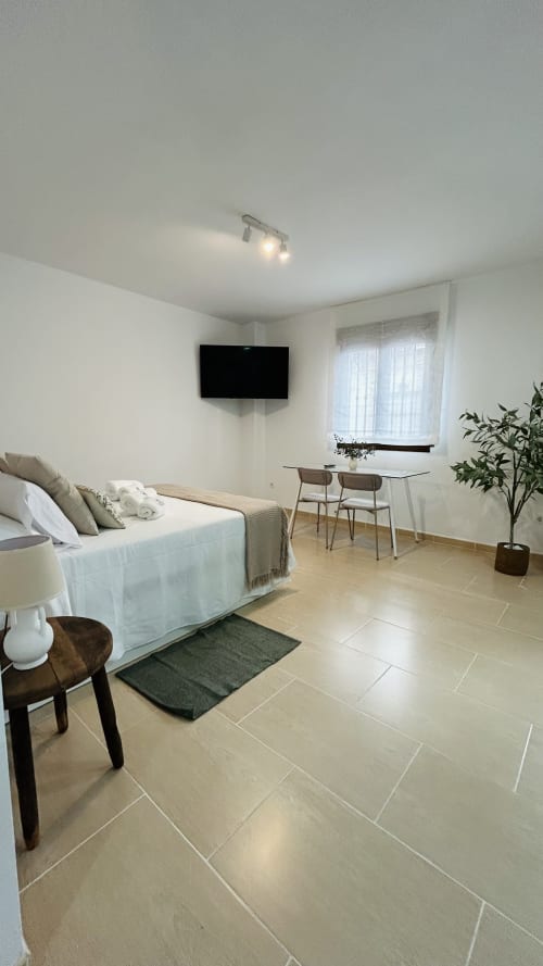Bright studio apartment in Baeza with bed, desk, TV, and modern tile flooring near window with city views