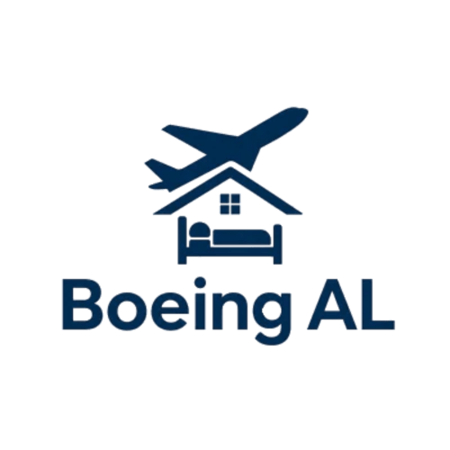 Logo do hotel Boeing AL com ícone de avião e casa com cama, Moreirada Maia Portugal