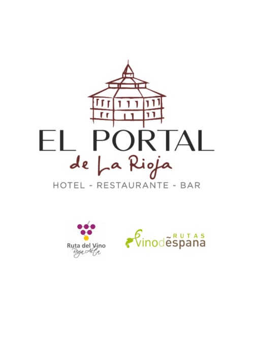 Logotipo del Hotel El Portal de la Rioja con ilustración del edificio e insignias de ruta del vino en Briñas