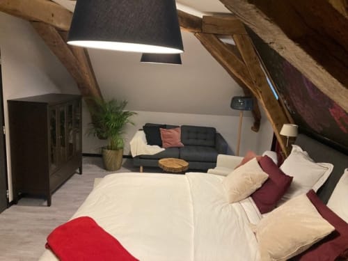 Chambre mansardée Le Relais de Touraine n°5 : poutres apparentes, lit, canapé et luminaires modernes à Abilly