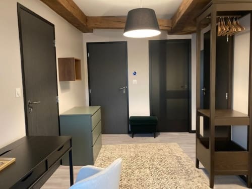 La Chambre 10 du Relais de Touraine à Abilly présente une décoration moderne avec portes foncées, poutres en bois, luminaires suspendus et