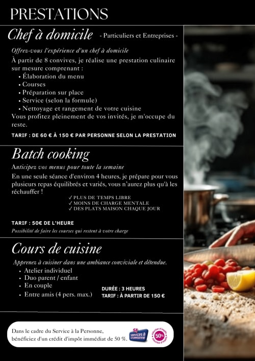 Menu de services culinaires : chef à domicile, cuisine en lot et cours de cuisine aux Logis du Canal, Betton