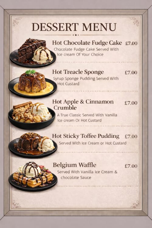 The Golden Cup hotel dessert menu featuring chocolate fudge cake, treacle sponge, apple crumble, sticky toffee pudding, and