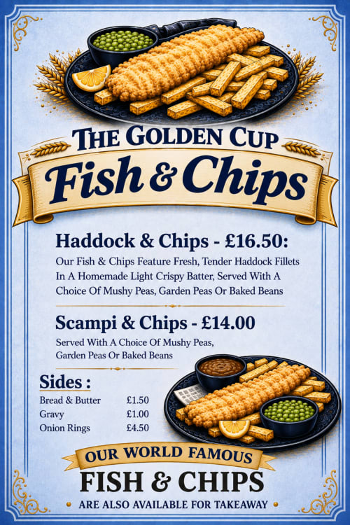 The Golden Cup Fish & Chips menu in Yoxall featuring haddock, scampi, sides and pricing