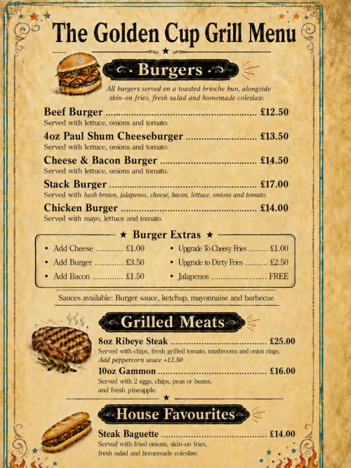 The Golden Cup Grill Menu featuring burgers, grilled meats and house favourites with prices in pounds