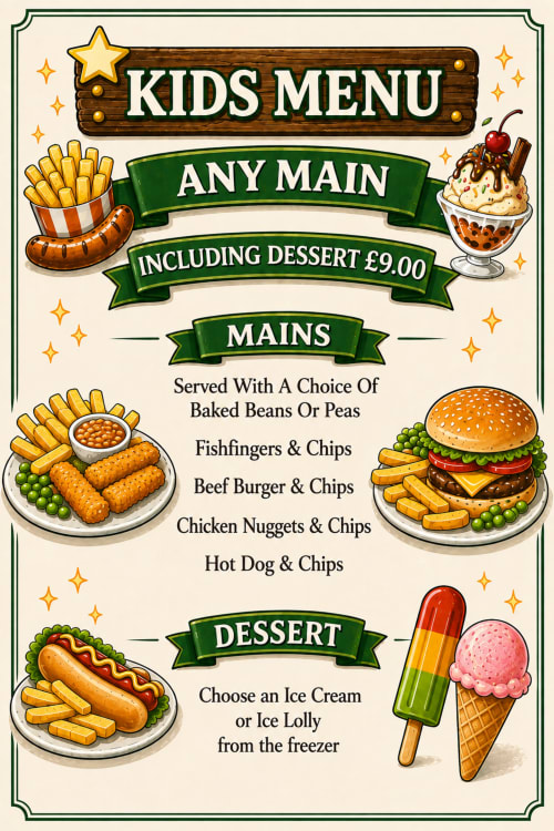 Golden Cup Hotel kids menu featuring mains like fish fingers, burgers, and hot dogs with desserts, served in Yoxall.