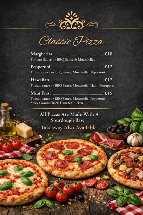 Classic Pizza menu at The Golden Cup hotel in Yoxall featuring Margherita, Pepperoni, Hawaiian and Meat Feast pizzas with