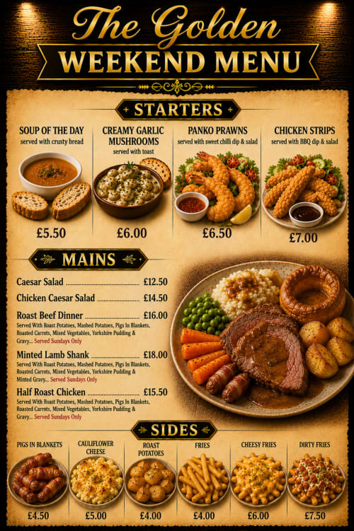 The Golden Cup weekend menu featuring starters, mains, and sides with prices in British pounds