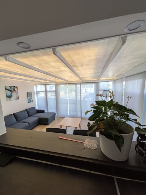 Salon moderne à la Résidence des dunes avec verrière, canapé bleu foncé, table en bois et plante en pot