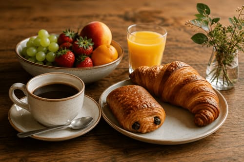 Petit-déjeuner continental à l'hôtel Au Bon Séjour : café, croissants, fruits frais et jus d'orange sur table rustique en bois