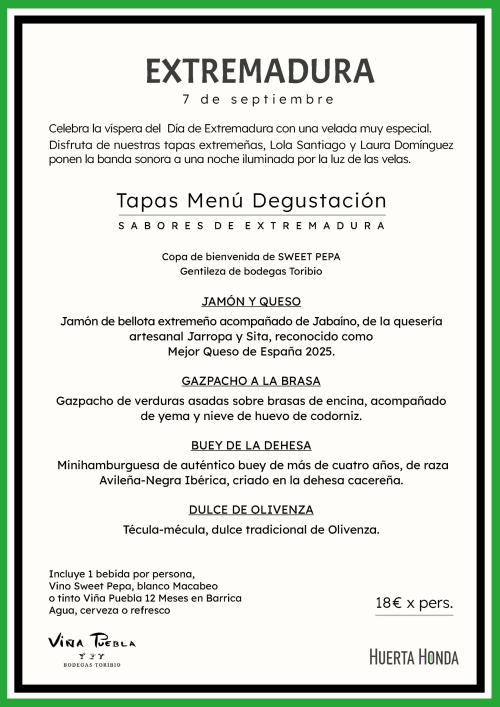 Menú de tapas del Día de Extremadura en hotel Huerta Honda de Zafra: jamón, queso, gazpacho y platos tradicionales por 18€