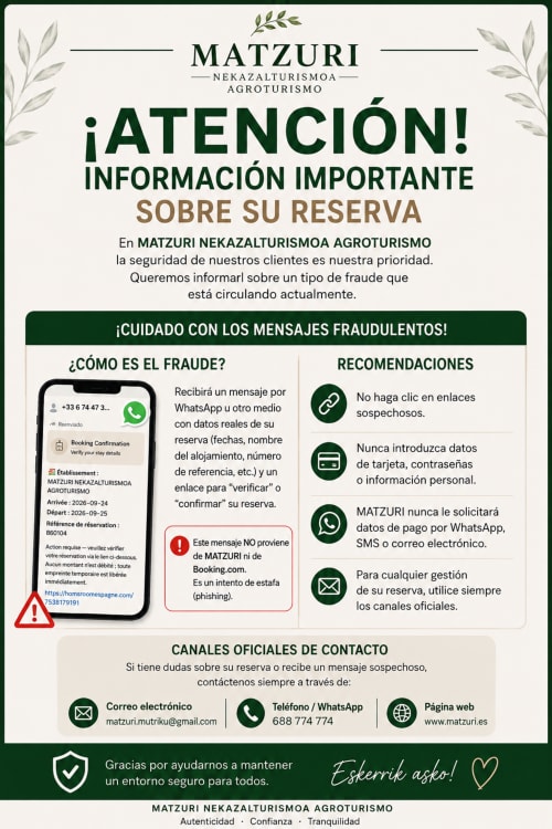 Alerta de fraude MATZURI Agroturismo sobre mensajes de reserva sospechosos e intentos de phishing