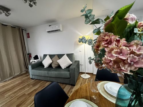 Apartamento Las Arenas en Valencia con sofá gris, mesa de comedor para dos, flores rosas y decoración moderna