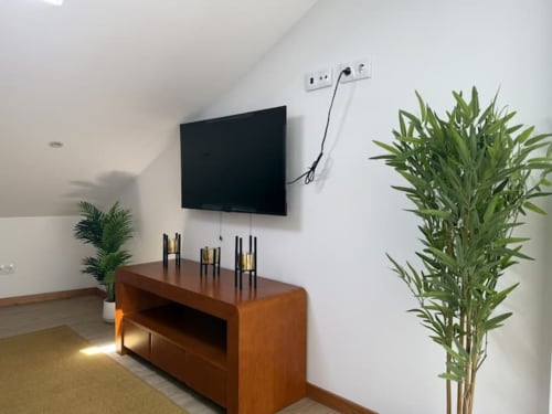 Modern apartment living room in Chaves with wall-mounted TV, wooden media console, potted plants, and white walls