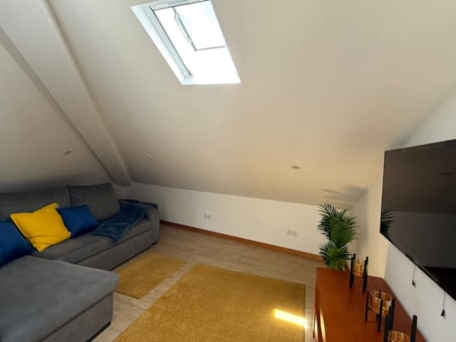 Modern attic apartment in Chaves with skylights, gray sofa, wooden floors, and potted plants