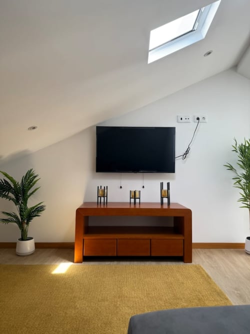 Modern apartment living room with wall-mounted TV, wooden cabinet, plants, and skylight in Chaves, Portugal