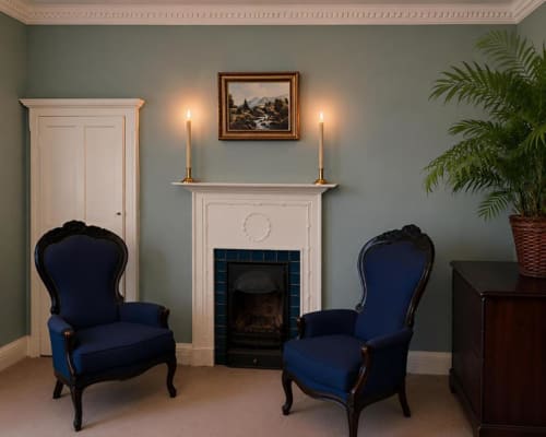 Élégant salon du cottage South Hill House avec cheminée, fauteuils en velours bleu et vue sur les jardins à Delvin