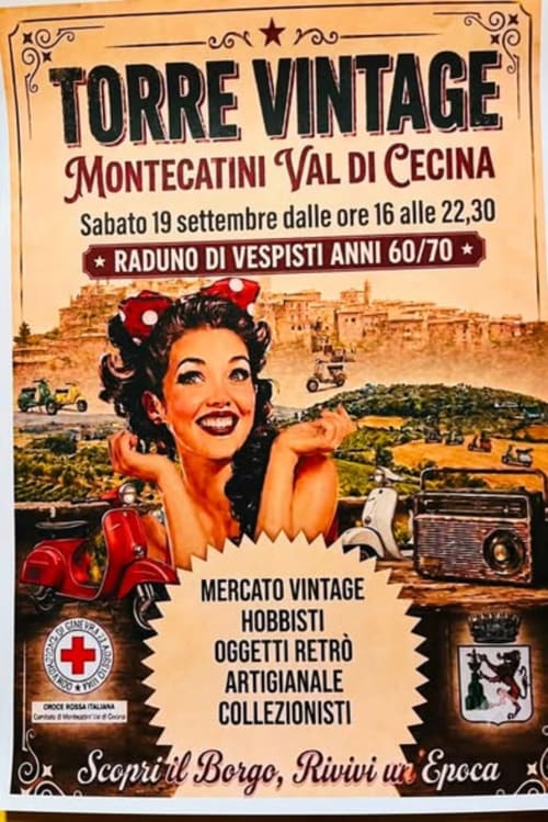 Manifesto evento Torre Vintage per Montecatini Val di Cecina con design retrò anni '60-'70 e mercatino vintage