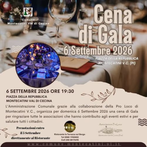 Serata di gala a Montecatini Val di Cecina il 6 settembre 2026 in Piazza della Repubblica