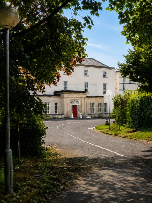 Entrée de l'hôtel South Hill House à Delvin avec allée encadrée de lierre et élégante façade géorgienne