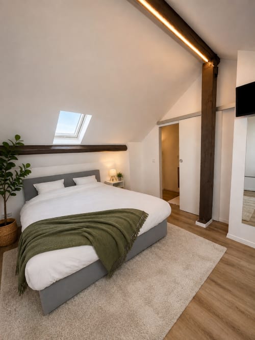 Modern mezzanine bedroom at Mattbnb Metz with skylight, wooden beams, gray bed, green throw blanket, and contemporary decor