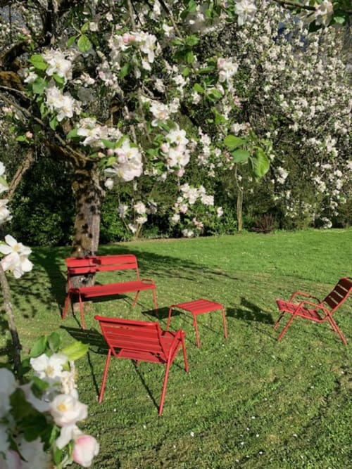 Chaises métalliques rouges sur pelouse verdoyante entourées de fleurs blanches en fleurs à La Bageatière, Lépin-le-Lac