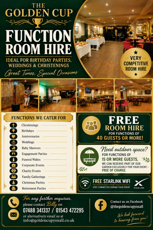 The Golden Cup function room hire flyer showcasing elegant event spaces in Yoxall for weddings, birthdays, and celebrations.