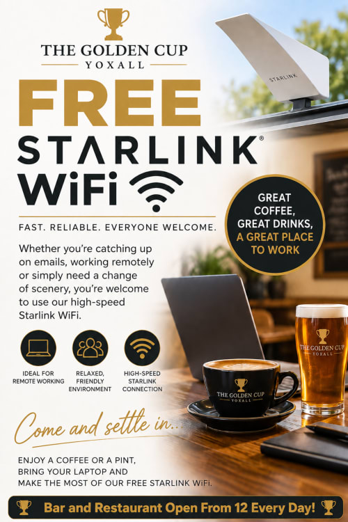 The Golden Cup Yoxall offers free Starlink WiFi. Laptop and beverages on table with satellite dish visible outside.