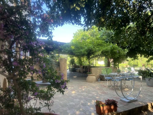 Terrasse ensoleillée du Clos Bb avec bougainvillée violette, tables de restaurant et verdure luxuriante à Saint-Cyr-sur-Mer