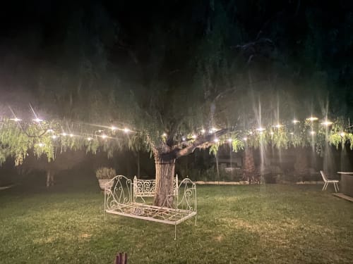 Jardin enchanté de nuit au Clos Bb à Saint-Cyr sur Mer avec lumières scintillantes, saules pleureurs et sièges ornés.
