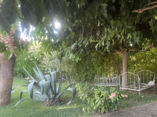 Coin détente du Clos B&B à Saint-Cyr-sur-Mer avec banc en métal, agave et fleurs roses sous les arbres