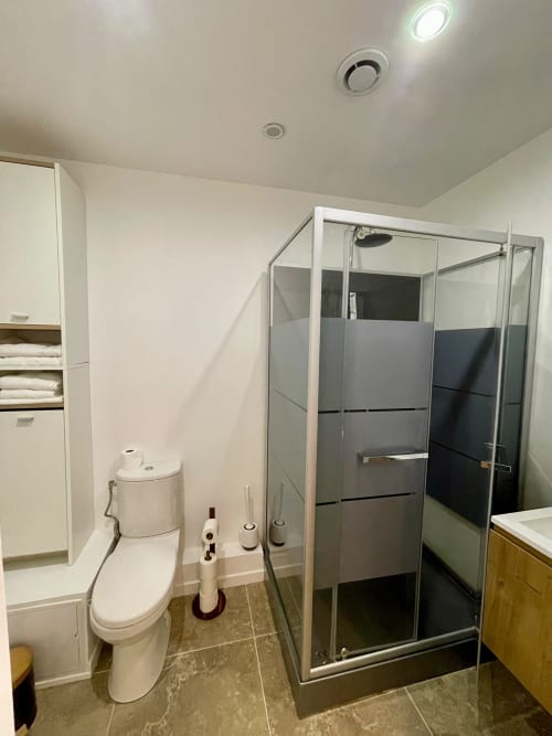 Salle de bains moderne avec douche vitrée, toilettes et armoire de rangement blanche à l'Hôtel d'Angleterre, Vittel