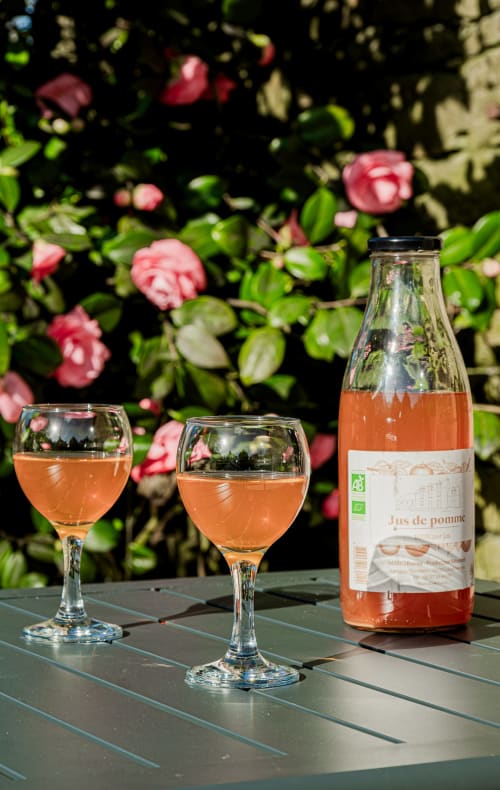 Deux verres de jus de rose et une bouteille présentés sur une table avec des roses roses en fleur à la Ferme de Kervihern, Locoal-Mendon.