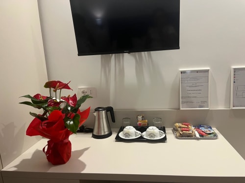 Maritza Guest House Roma, dotazioni stanza: fiori rossi, bollitore, tazze, snack, TV a parete
