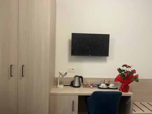 Angolo di lavoro in camera d'hotel presso Maritza Guest House Roma con TV a parete, scrivania con bollitore, fiori e sedia