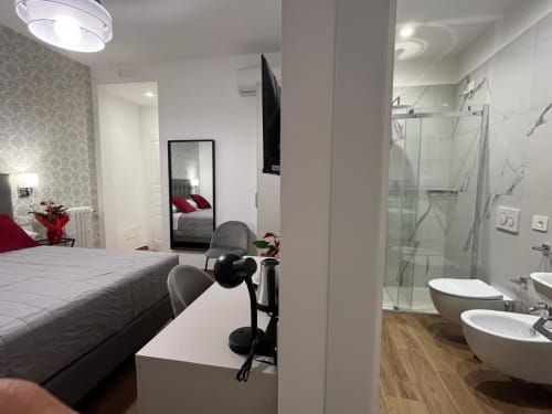 Camera moderna con bagno privato alla Maritza Guest House, Roma. Dotata di specchio, scrivania e doccia in vetro.